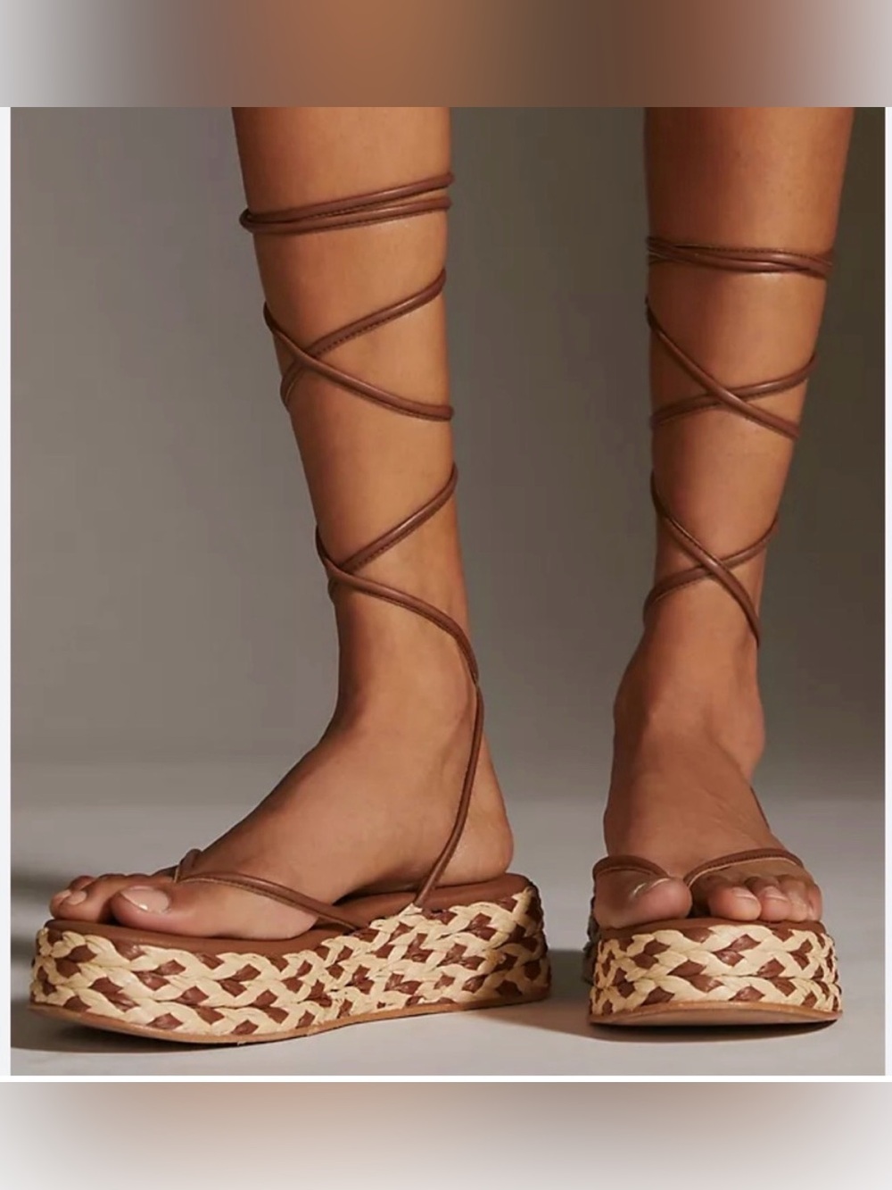Anthropologie Platform Woven Raffia & Leather Lace Up Sandals Sz 40 US 9.5 Brown - Picture 3 of 14